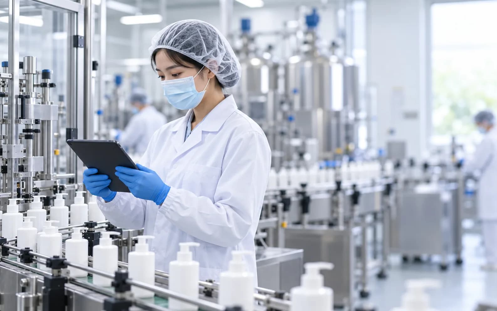 化粧品產線上,穿著無塵衣的人員拿著平板檢視生產資料